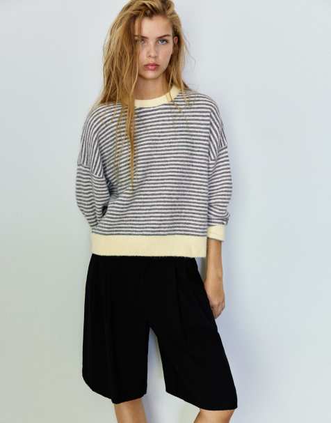 Pull&Bear maglione a righe con collo a contrasto grigio in lana - view 1