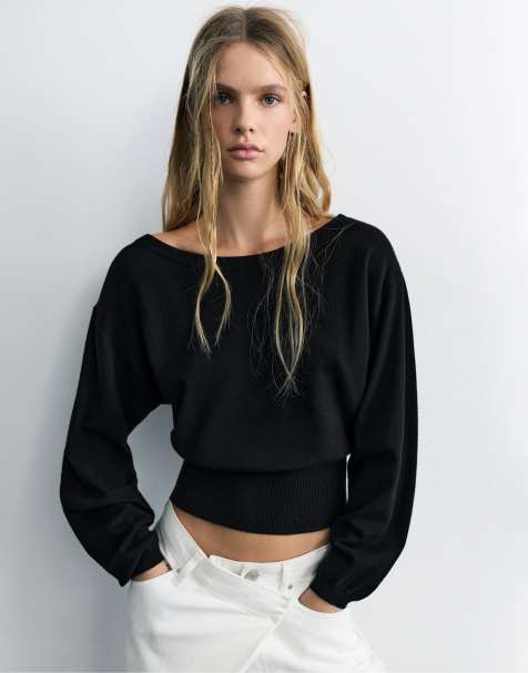 Pull&Bear maglione a righe con scollo a barchetta nero - view 1