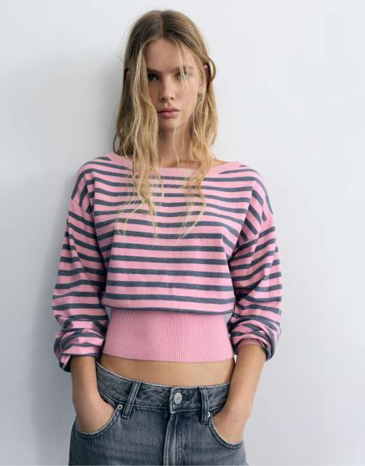 Pull&Bear maglione a righe con scollo a barchetta rosa, 2 di 7