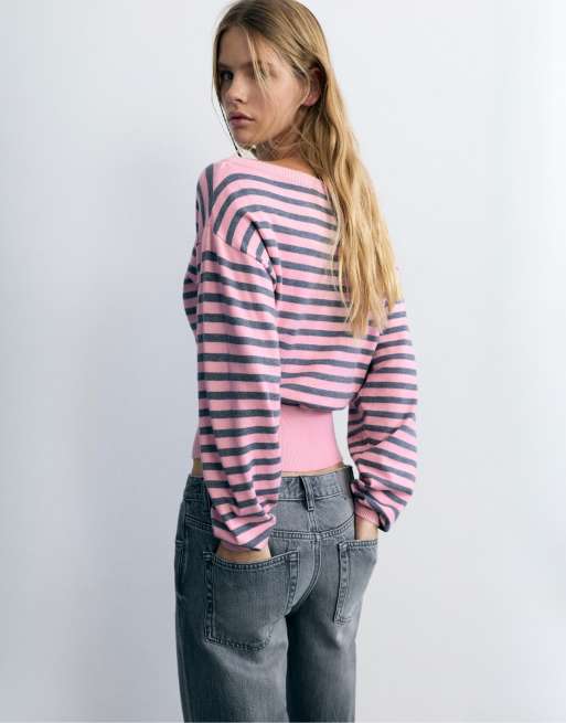 Pull&Bear maglione a righe con scollo a barchetta rosa, 3 di 7