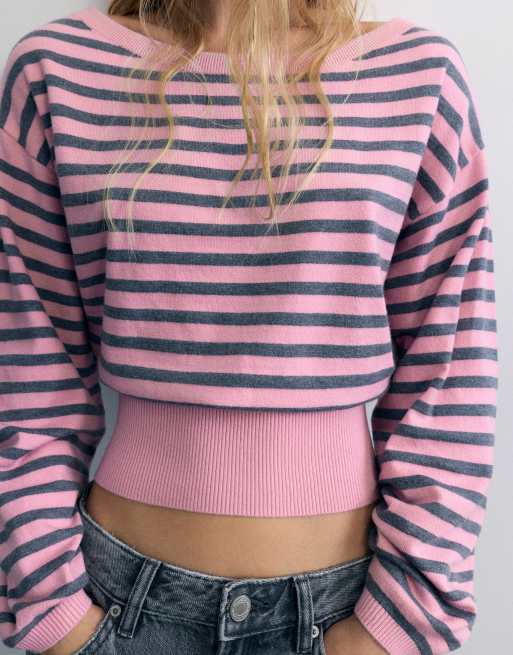 Pull&Bear maglione a righe con scollo a barchetta rosa, 5 di 7