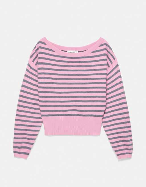 Pull&Bear maglione a righe con scollo a barchetta rosa, 7 di 7