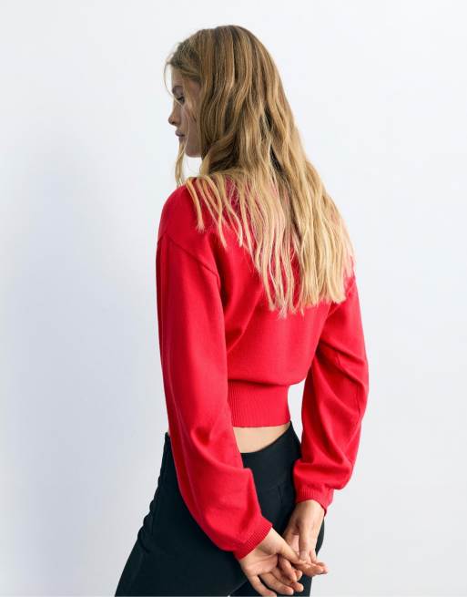 Pull&Bear maglione a righe con scollo a barchetta rosso, 2 di 7