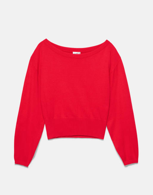 Pull&Bear maglione a righe con scollo a barchetta rosso, 6 di 7