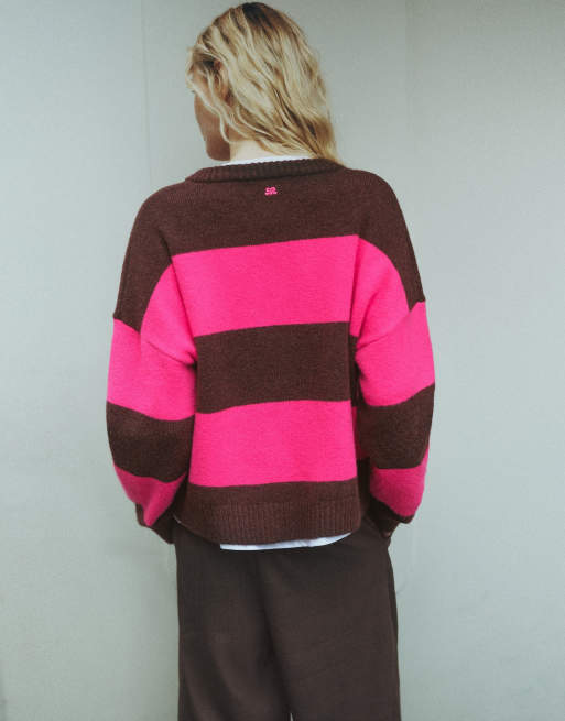 Pull&Bear maglione abbottonato a righe marrone scuro, 2 di 7