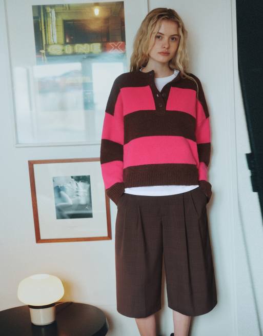 Pull&Bear maglione abbottonato a righe marrone scuro, 3 di 7