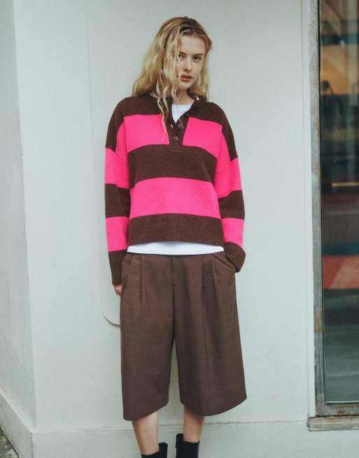 Pull&Bear maglione abbottonato a righe marrone scuro, 4 di 7