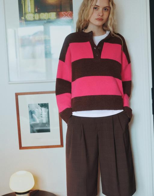Pull&Bear maglione abbottonato a righe marrone scuro, 5 di 7