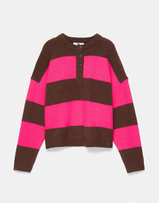 Pull&Bear maglione abbottonato a righe marrone scuro, 6 di 7