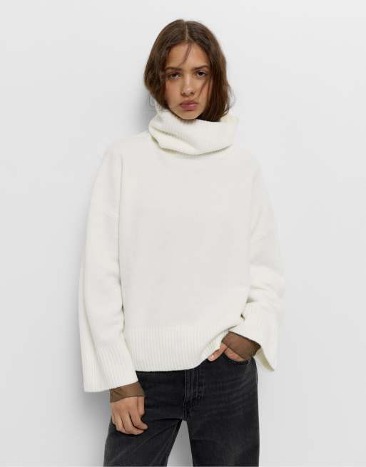 Pull&Bear - Maglione accollato morbido color bianco sporco