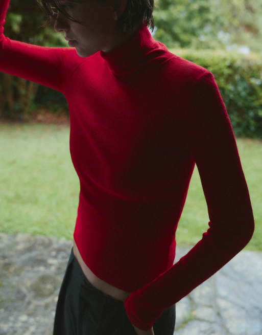 Pull&Bear maglione aderente a collo alto rosso in lana, 5 di 7