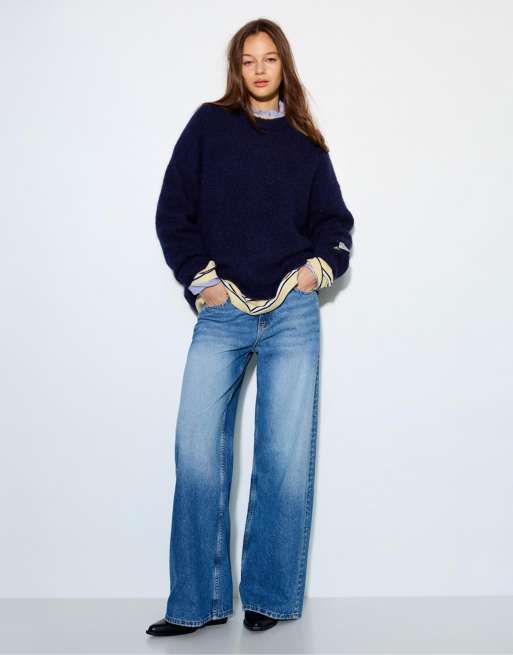 Pull&Bear maglione basic girocollo in blu navy in lana, 3 di 4