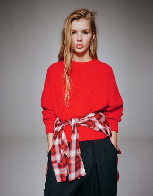 Pull&Bear maglione basic in maglia rosso in lana, 2 di 7