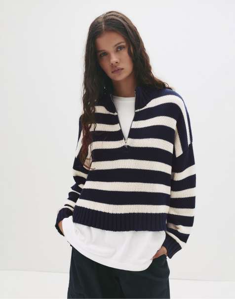 Pull&Bear - Maglione blu navy a righe con zip corta - view 1