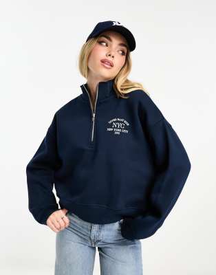 Pull&Bear - Maglione blu navy stile college con zip corta