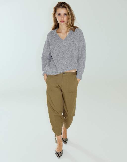 Pull&Bear maglione boxy con scollo a V grigio mélange, 4 di 7