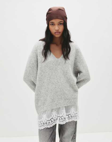 Pull&Bear - Maglione color grigio mélange con orlo in pizzo a contrasto - view 1
