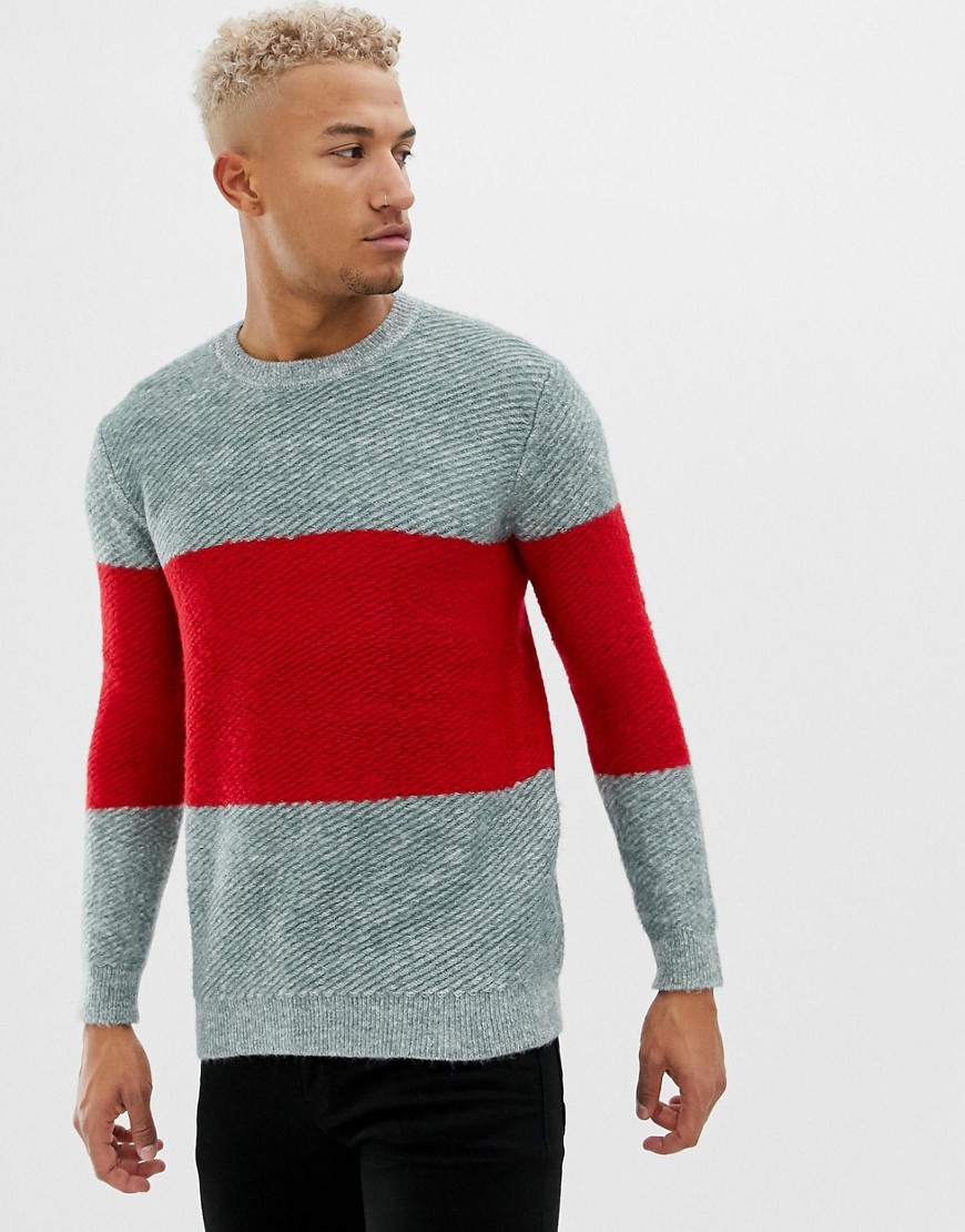 Pull&Bear - Maglione colour block grigio e rosso