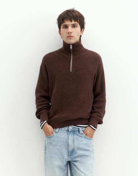 Pull&Bear maglione con mezza zip marrone - view 1