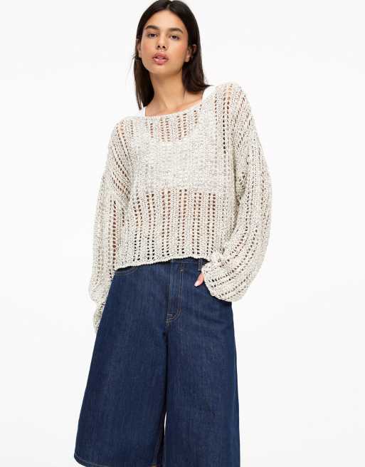 Pull&Bear - Maglione corto écru all'uncinetto con spalla scoperta