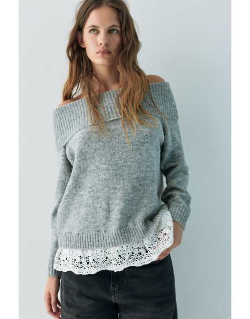 Pull&Bear - Maglione grigio mélange con stampa stile Bardot e dettagli in pizzo