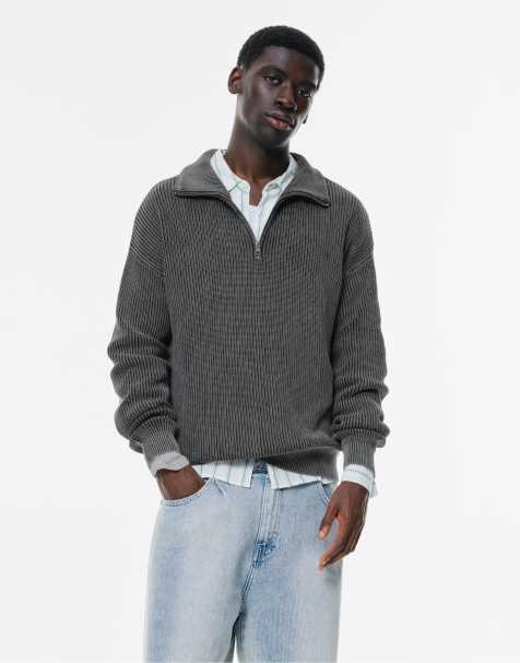 Pull&Bear - Maglione grigio mélange con zip corta - view 1