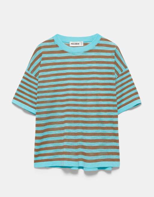 Pull&Bear - Maglione in maglia sottile a righe turchese, 5 di 7