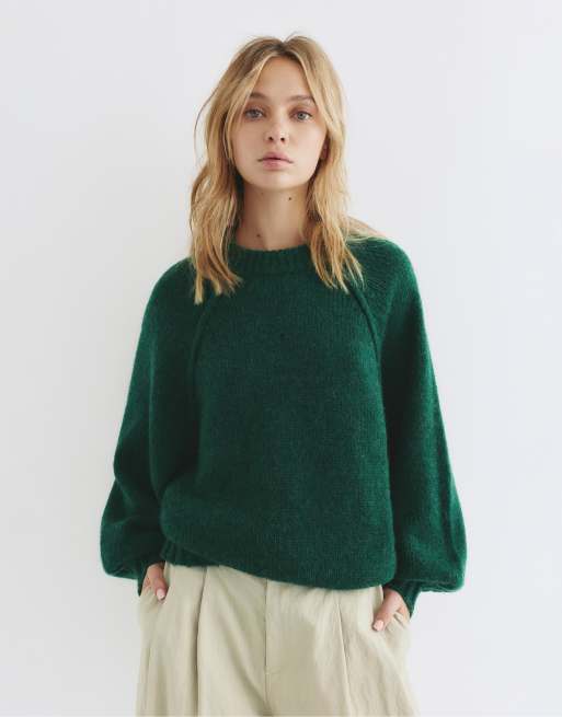 Pull&Bear - Maglione lavorato color verde bottiglia con maniche voluminose
