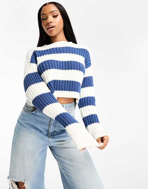 Pull&Bear - Maglione lavorato corto a righe color navy
