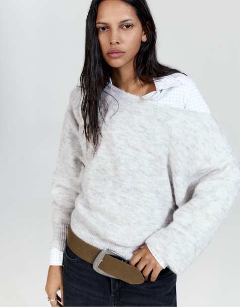 Pull&Bear maglione regular fit con scollo a barchetta in grigio chiaro - view 1