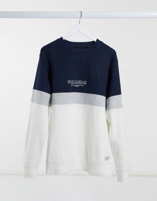 Pull&Bear - Maglione stile college blu navy e grigio