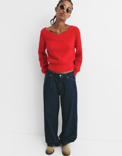 Pull&Bear - Maglione taglio corto rosso in maglia rovesciata