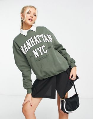 Pull&Bear 'Manhattan' oversized sweatshirt in khaki
