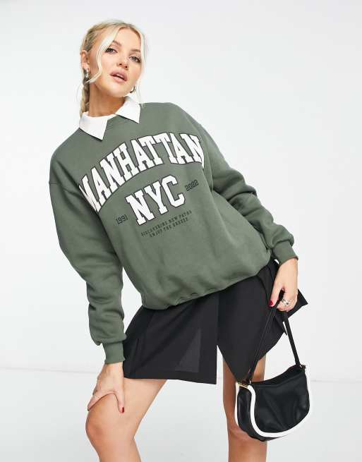 Pull Bear manhattan oversized sweatshirt in khaki