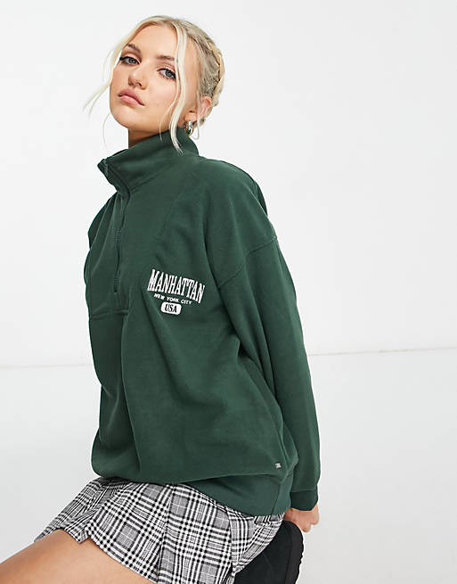 Pull&Bear 'Manhattan' quarter zip sweatshirt in dark green | ASOS