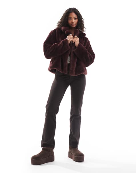 Pull&Bear - Manteau coupe carrée en fausse fourrure - Bordeaux - view 1