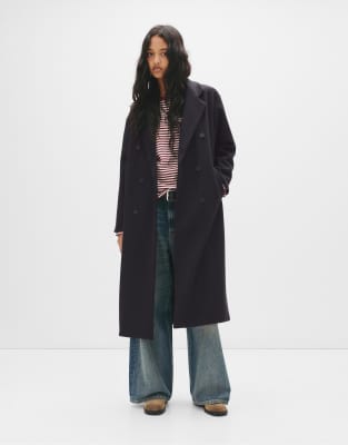 Pull & Bear - Manteau long à double boutonnage - Marine-Bleu marine