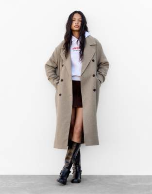 Pull & Bear - Manteau long en feutre texturé - Taupe-Neutre