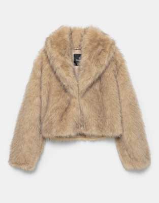 Pull & Bear - Mantel aus Kunstpelz in Taupe-Grau