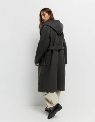 Pull & Bear - Mantel aus weichem Stoff in Grau mit Kapuze