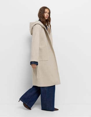 Pull & Bear - Mantel aus weichem Stoff in Sandbeige mit Kapuze-Neutral