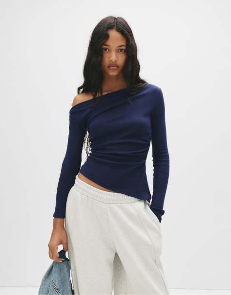Pull&Bear – Marinblå, asymmetrisk topp med långa ärmar - view 1