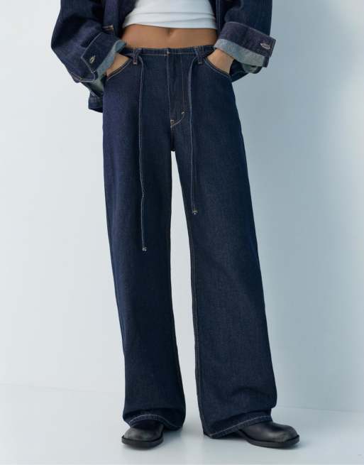Pull&Bear – Marinblå, baggy jeans med dragsko, 2 av 4