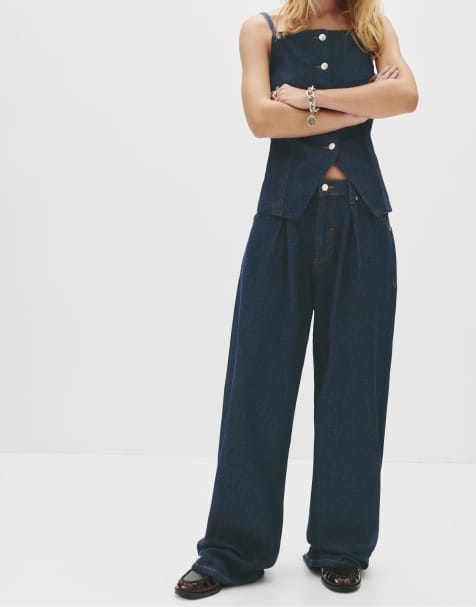 Pull&Bear – Marinblå, baggy jeans med medelhög midja och veck - view 1