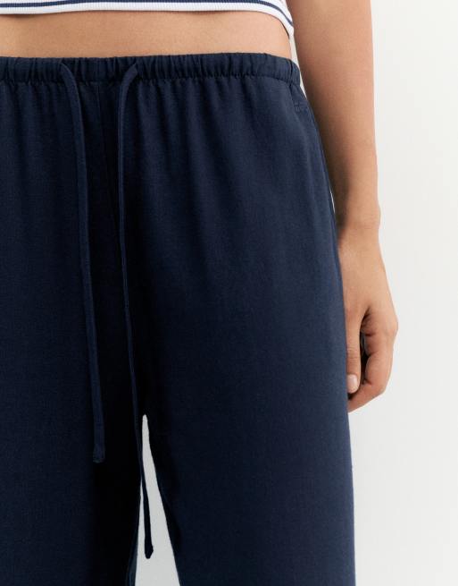 Pull&Bear – Marinblå byxor i viskos och linnemix med volym, 4 av 7