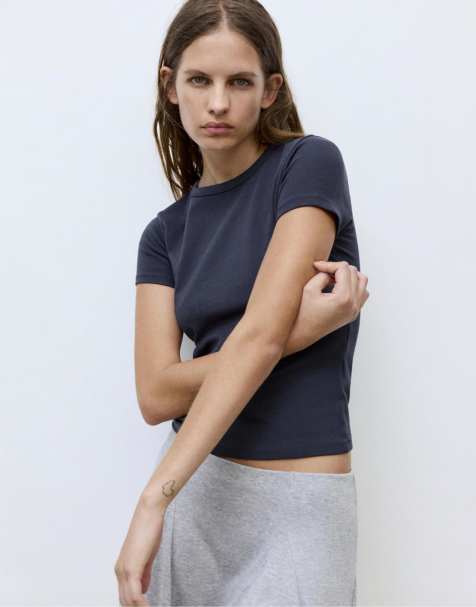 Pull&Bear – Marinblå, figurnära t-shirt med långa ärmar - view 1