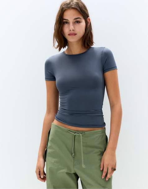 Pull&Bear – Marinblå, kortärmad t-shirt i polyamid - view 1