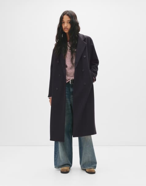 Pull&Bear – Marinblå, lång dubbelknäppt kappa - view 1