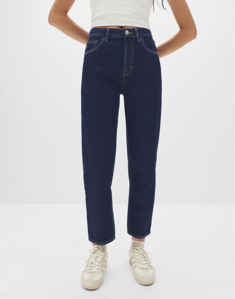 Pull&Bear – Marinblå mom jeans med hög midja - view 1
