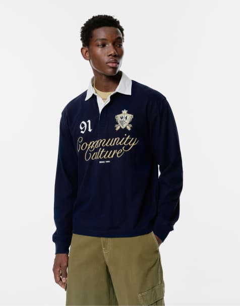 Pull&Bear – Marinblå pikétröja med broderi i collegestil - view 1